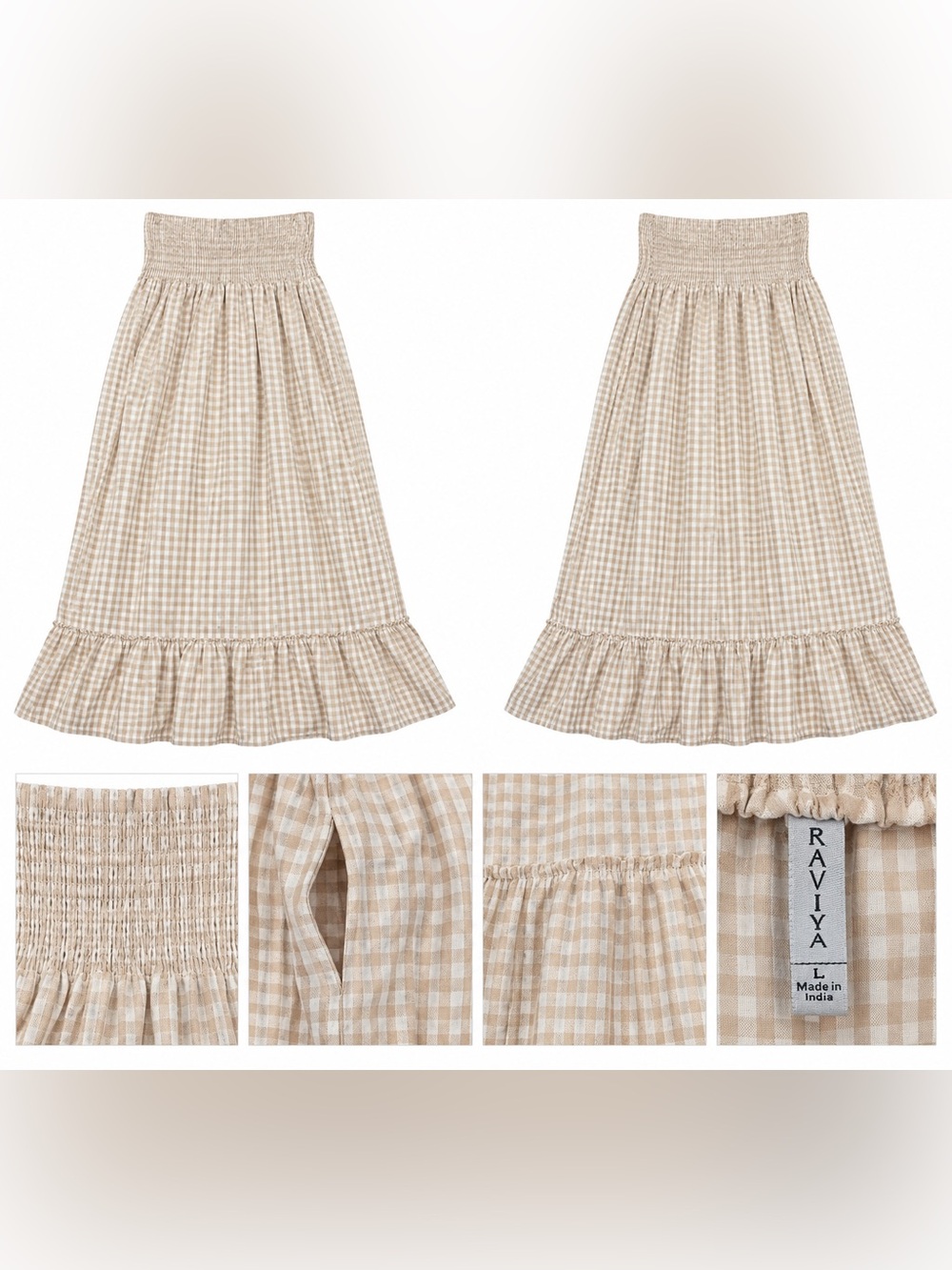 Raviy Beige Gingham Smocked Waist Ruffle Maxi Skirt L